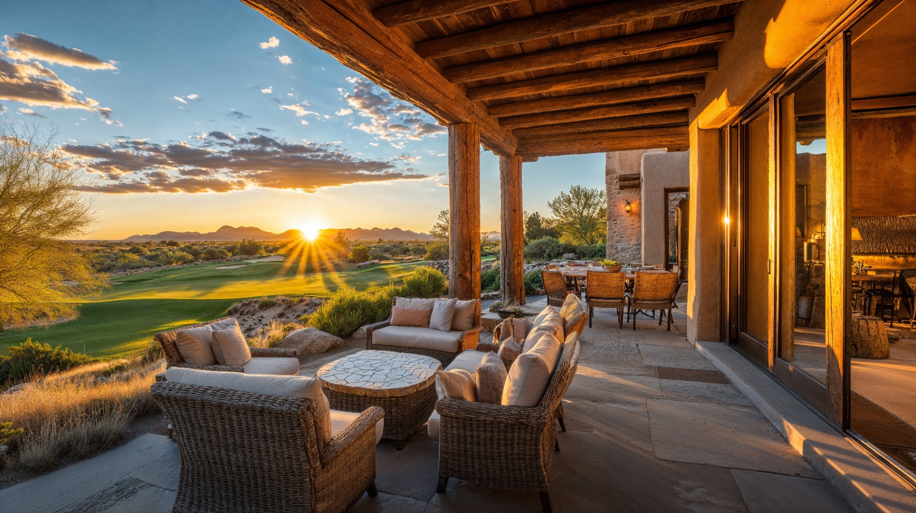 Arizona desert patio at sunset with mountain views